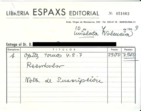 Albarán manuscrito de 1969 de una librería de Barcelona.