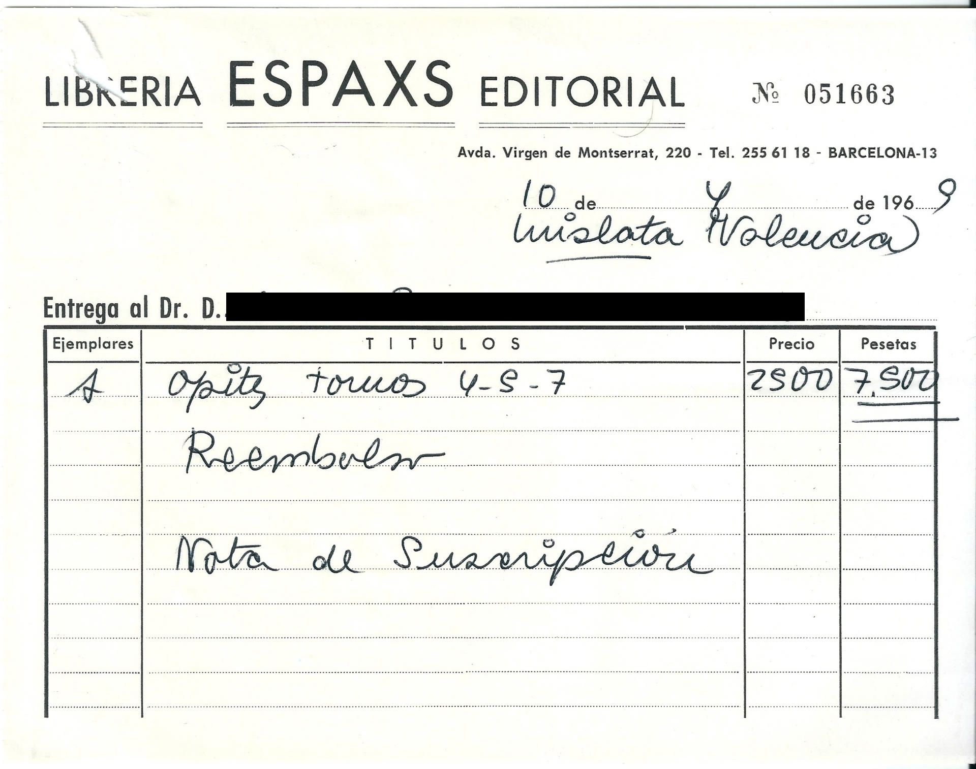 Albarán manuscrito de 1969 de una librería de Barcelona.